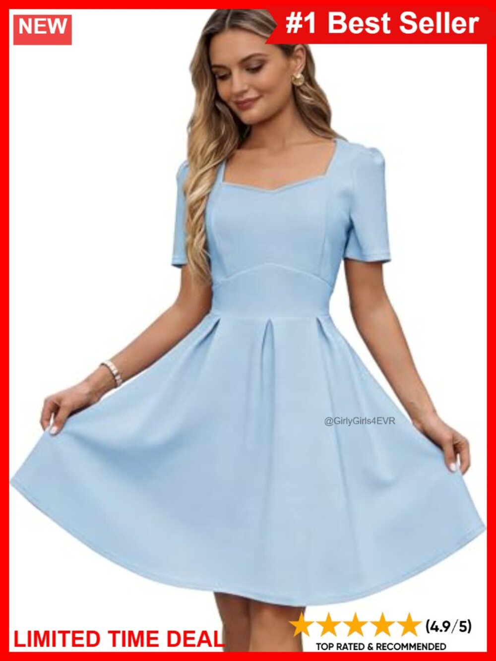 Vintage Sweetheart Neck Puff Sleeve Pleated A-Line Swing Dress Pockets